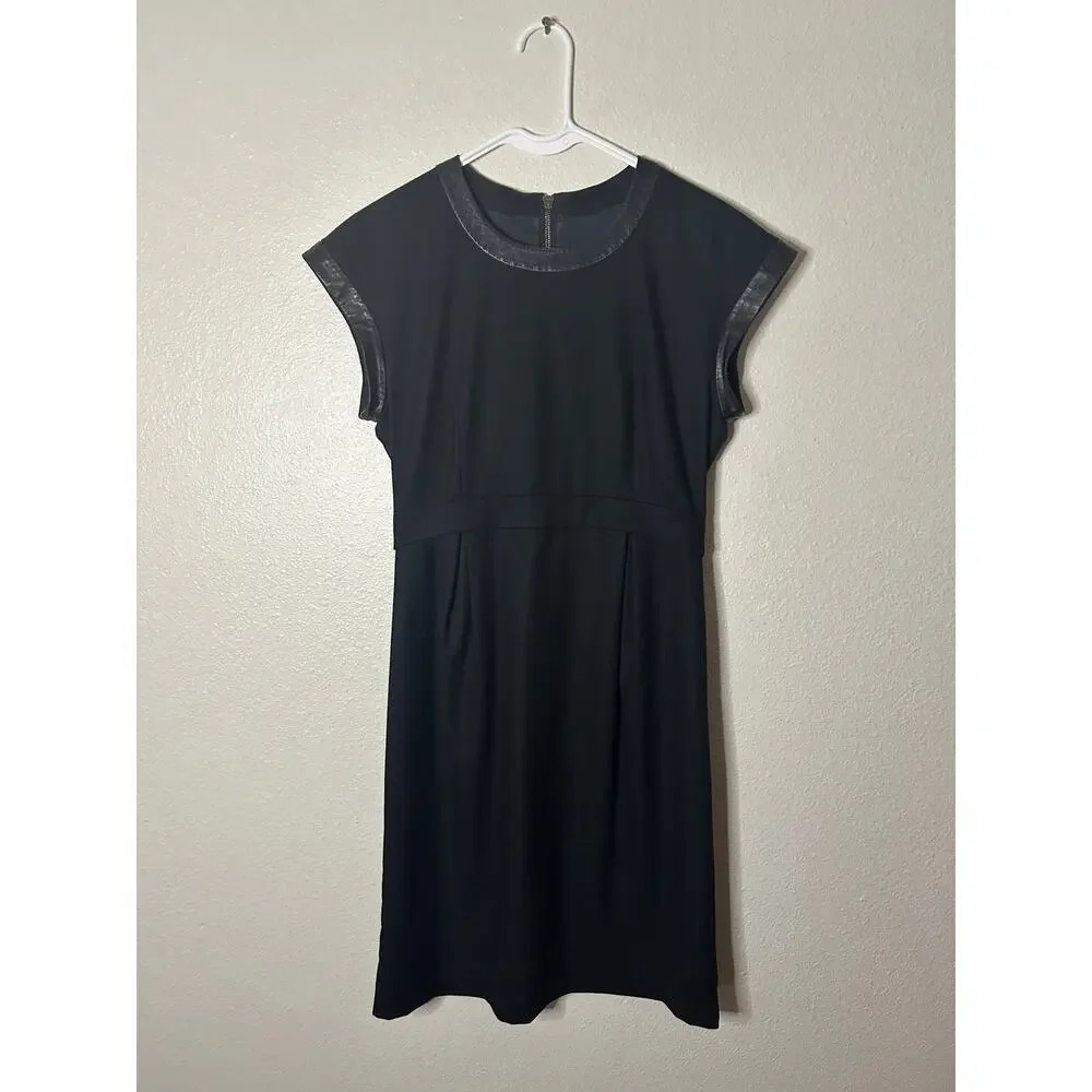 Authentic Celine Women 6 Black Wool A-Line Dress Mini Lamb Leather Designer Luxe